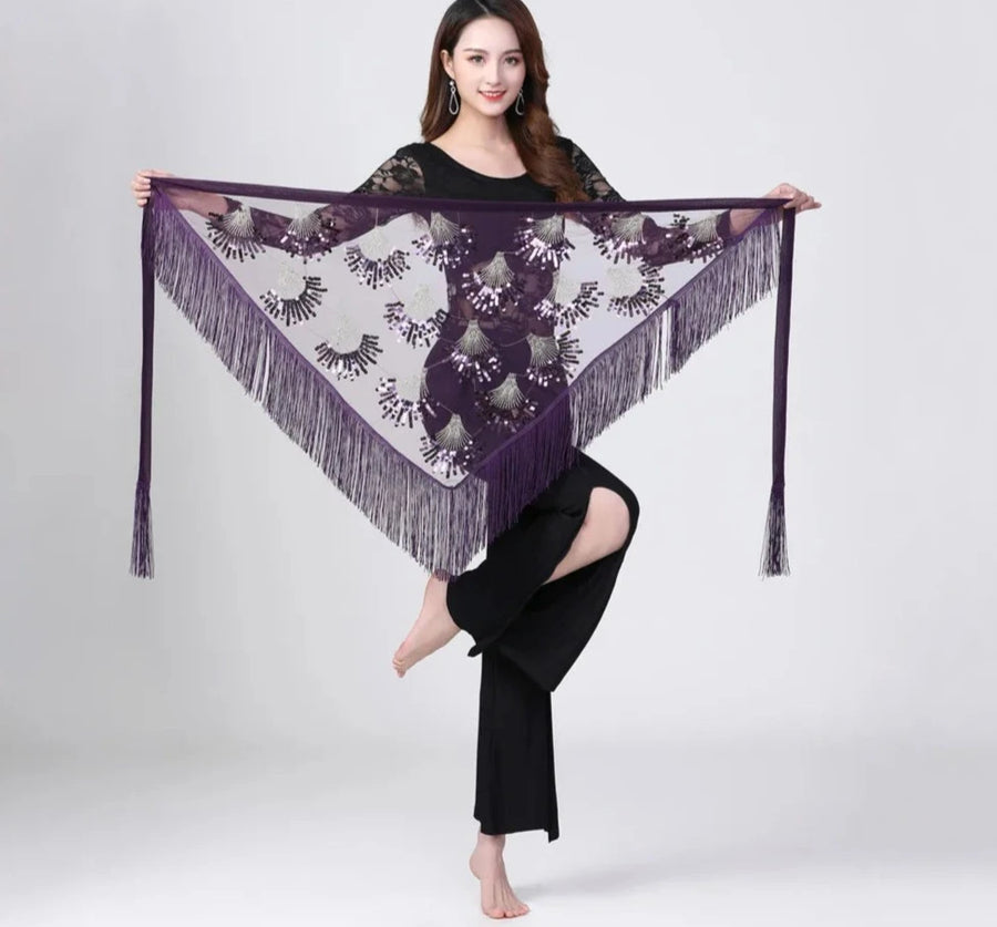 Sheer Triangle Tassel Hip Scarf All Purple One Size Belly Dancing Hip Scarf Raqs