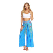 Split Wide Leg Boho Palazzo Pants Sky Blue Feather Festival Lifestyle New Pants Yoga