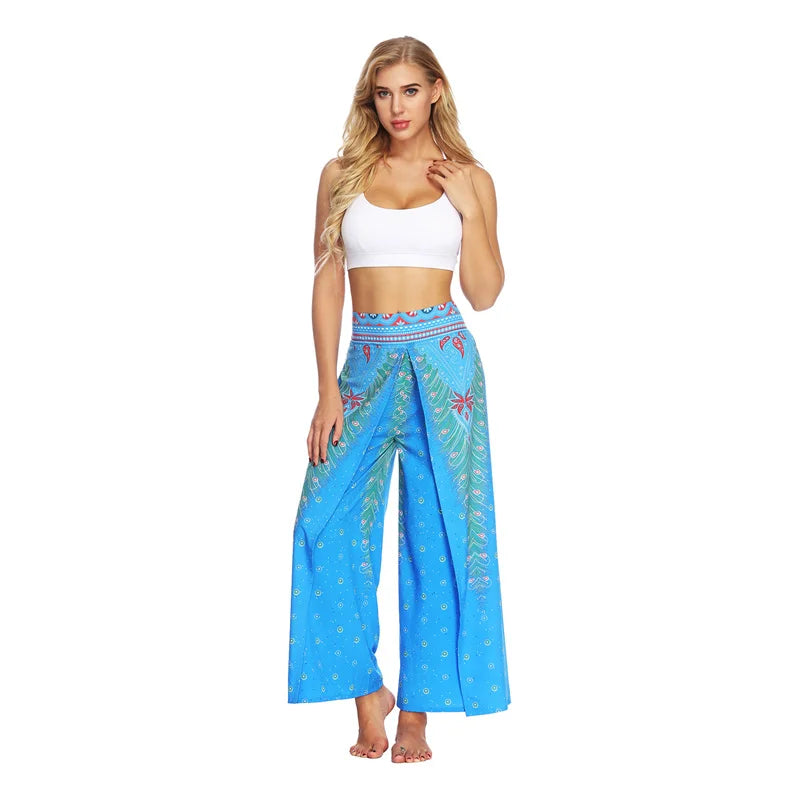 Split Wide Leg Boho Palazzo Pants Sky Blue Feather Festival Lifestyle New Pants Yoga