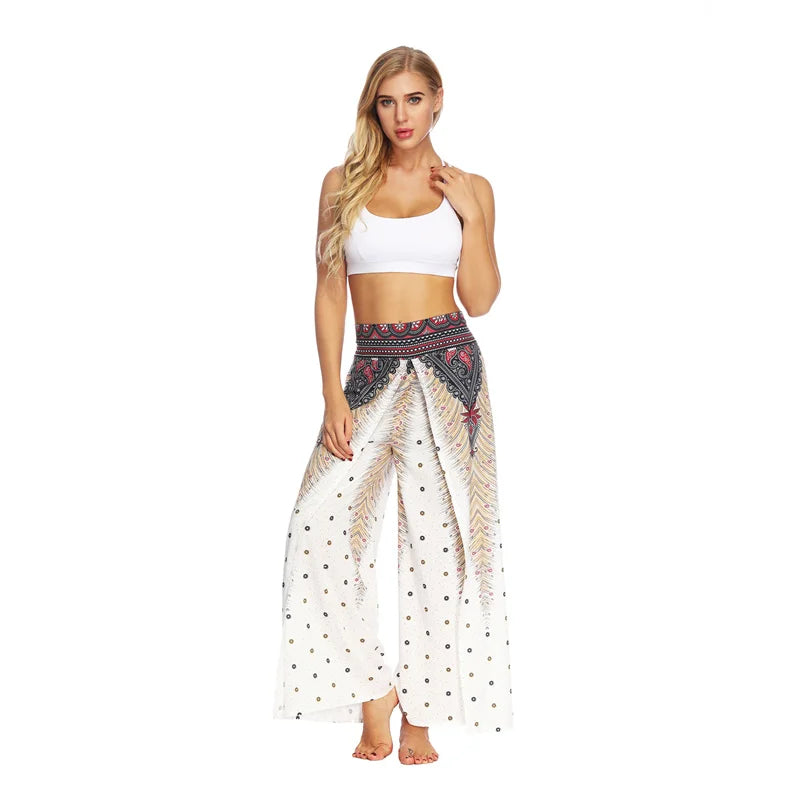 Split Wide Leg Boho Palazzo Pants White Tan Feather Festival Lifestyle New Pants Yoga