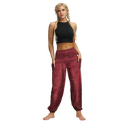 Boho High-Waist Yoga Harem Pants Burgundy One Size Activewear Festival Pants Yoga