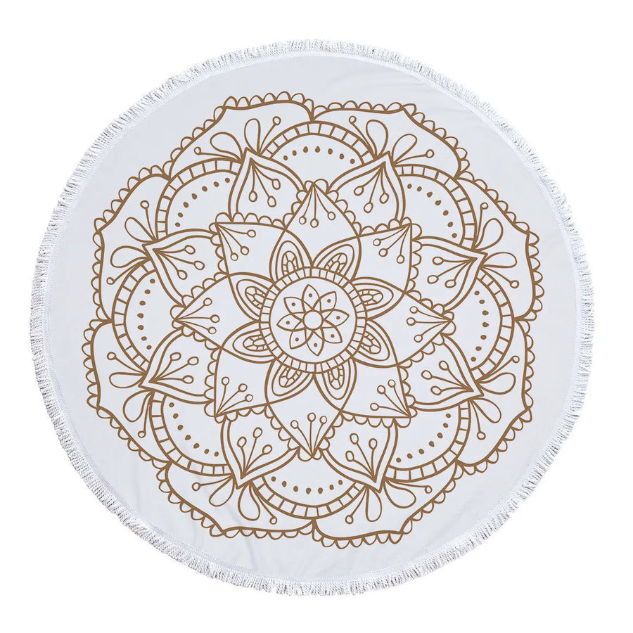 Mandala Round Microfiber Beach Towel with Tassel - 5'/150 cm Gold Flower 5' Round Festival Lifestyle