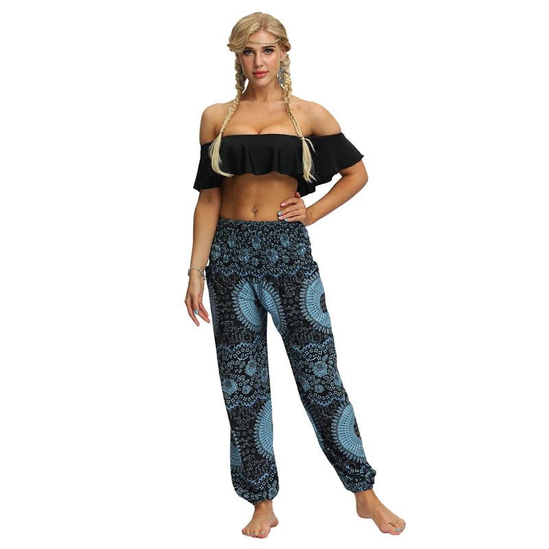 Boho High-Waist Yoga Harem Pants Blue Circle One Size Activewear Festival Pants Yoga