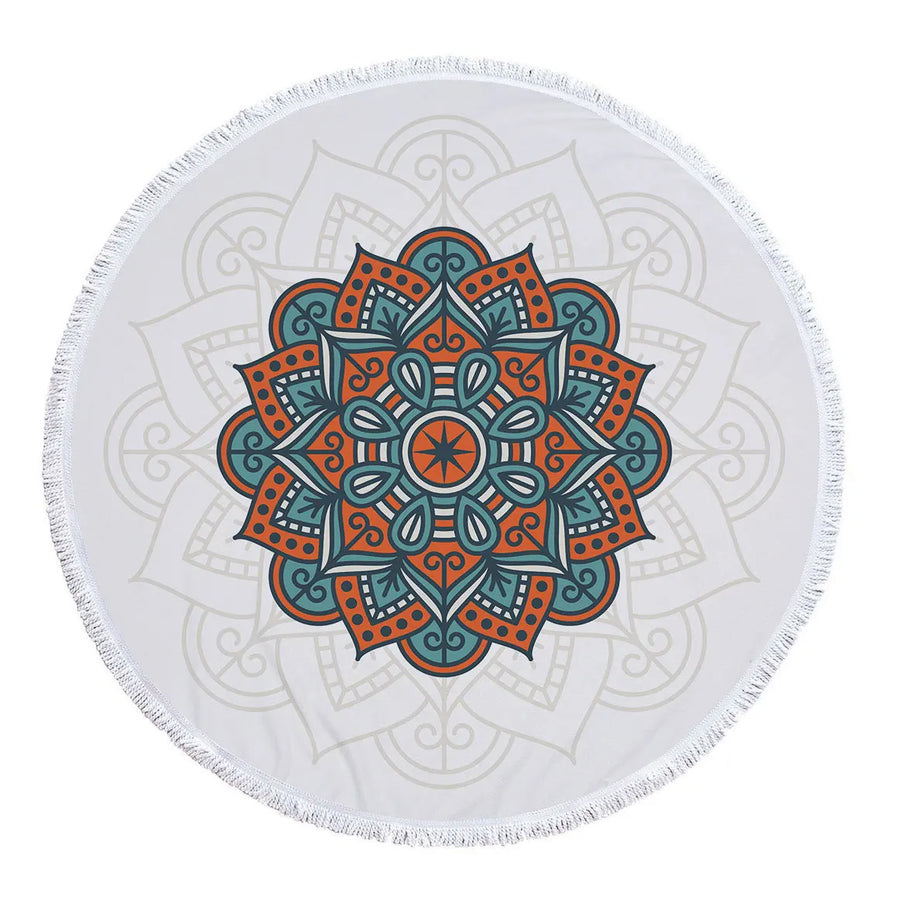 Mandala Round Microfiber Beach Towel with Tassel - 5'/150 cm Green Orange White 5' Round Festival Lifestyle