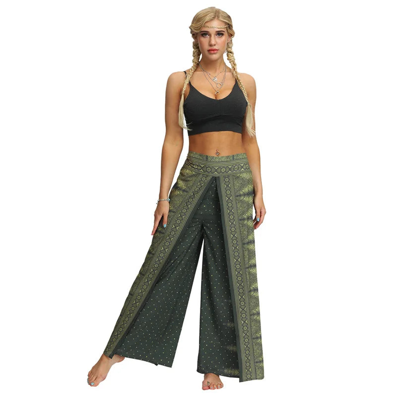 Split Wide Leg Boho Palazzo Pants Green Festival Lifestyle New Pants Yoga