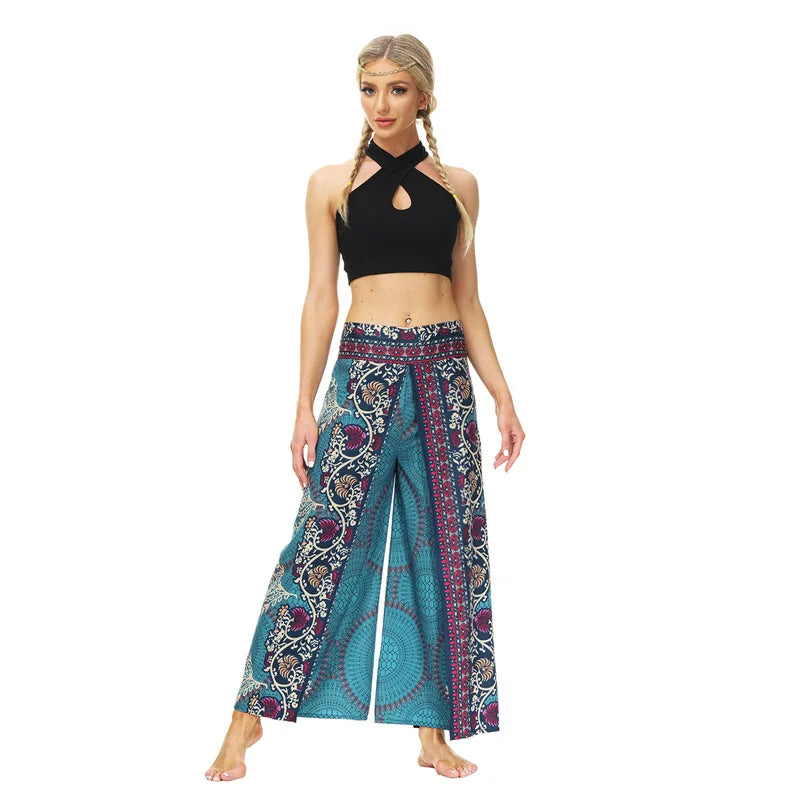 Split Wide Leg Boho Palazzo Pants Cyan Wheel Festival Lifestyle New Pants Yoga