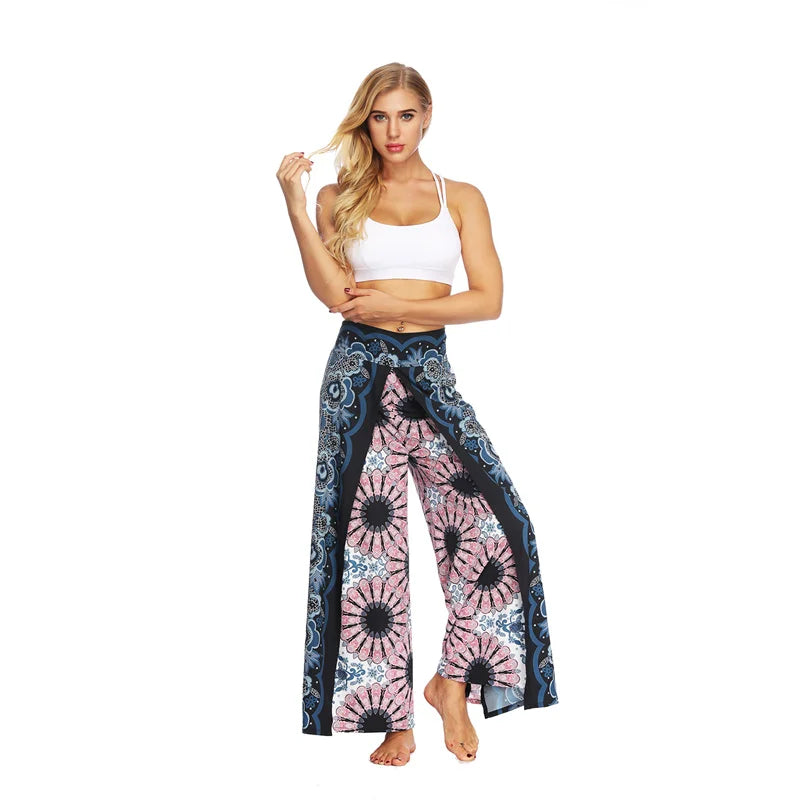 Split Wide Leg Boho Palazzo Pants Pink & Blue Wheel Festival Lifestyle New Pants Yoga