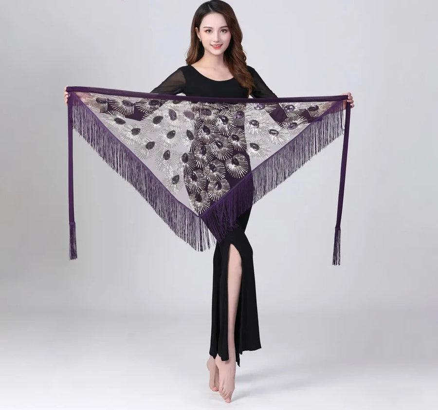 Sheer Triangle Tassel Hip Scarf Purple 1 One Size Belly Dancing Hip Scarf Raqs