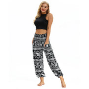 Boho High-Waist Yoga Harem Pants Black Elephant One Size Activewear Festival Pants Yoga