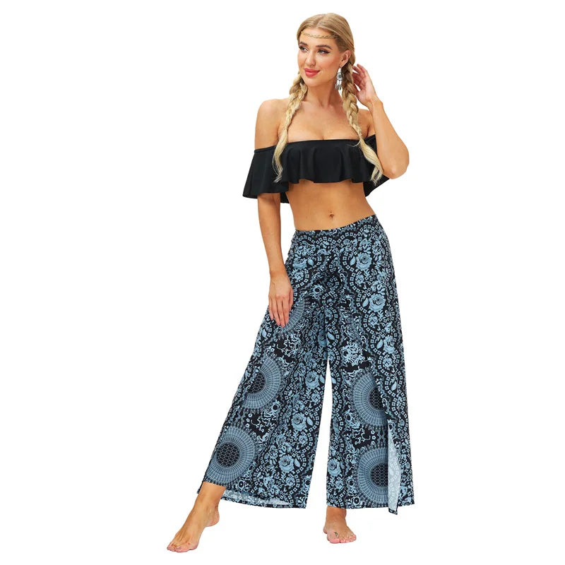 Split Wide Leg Boho Palazzo Pants Blue Black Mandala Festival Lifestyle New Pants Yoga