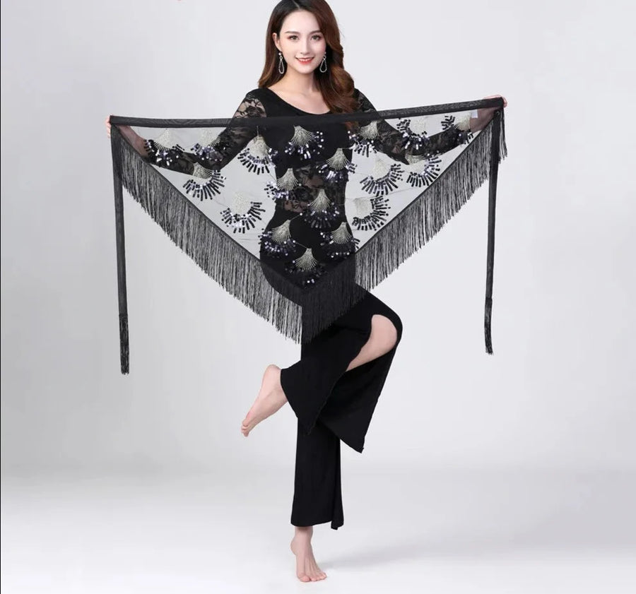 Sheer Triangle Tassel Hip Scarf All Black One Size Belly Dancing Hip Scarf Raqs