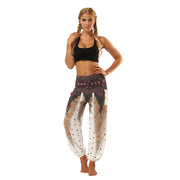 Boho High-Waist Yoga Harem Pants Tan White Feather One Size Activewear Festival Pants Yoga