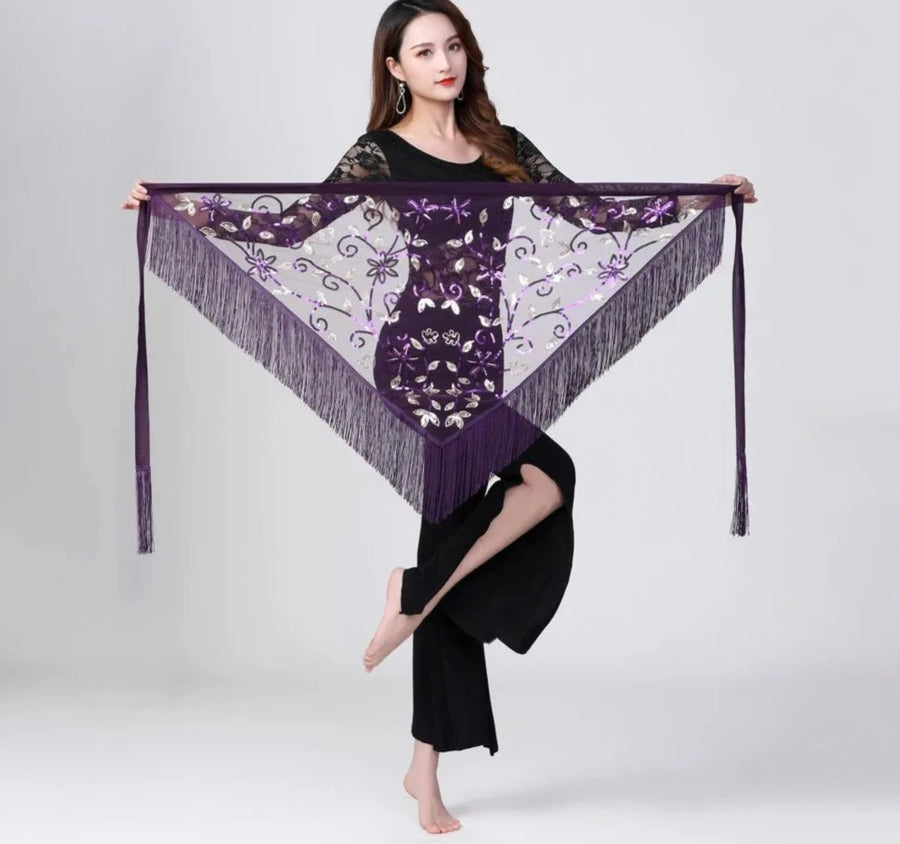 Sheer Triangle Tassel Hip Scarf Purple One Size Belly Dancing Hip Scarf Raqs