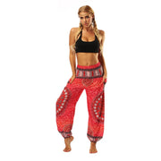 Boho High-Waist Yoga Harem Pants Red Mandala One Size Activewear Festival Pants Yoga