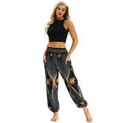 Boho High-Waist Yoga Harem Pants Black Gold Elephant One Size Activewear Festival Pants Yoga