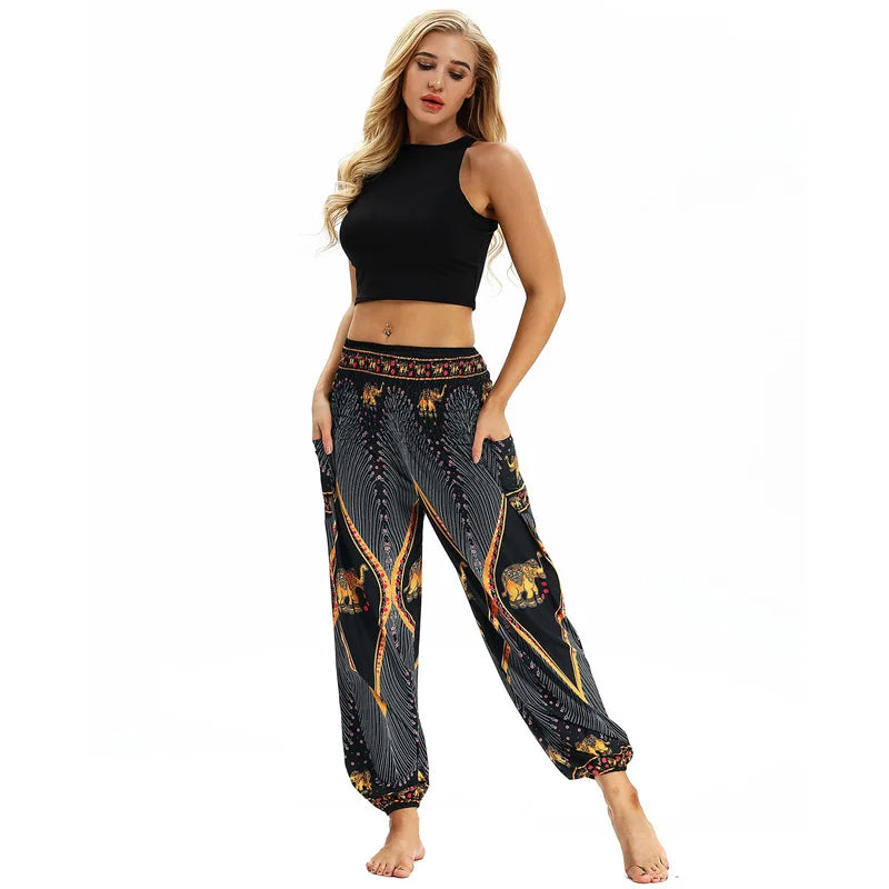 Boho High-Waist Yoga Harem Pants Black Gold Elephant One Size Activewear Festival Pants Yoga