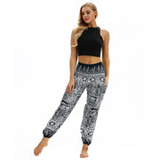 Boho High-Waist Yoga Harem Pants Black White Tribal One Size Activewear Festival Pants Yoga