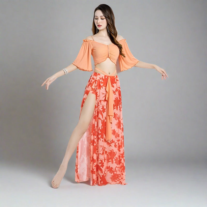 Lantern Sleeve Stretch Dance Classwear/Performance Skirt and Top Set Orange Costume Set Raqs Troupe Costume