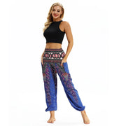 Boho High-Waist Yoga Harem Pants Blue Purple Cosmic Feather One Size Activewear Festival Pants Yoga