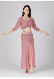 Romantic Feminine Sparkle Belly Dance Costume Set Pink Belly Dancing Raqs Troupe Costume