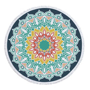 Mandala Round Microfiber Beach Towel with Tassel - 5'/150 cm Green Yellow Teal 5' Round Festival Lifestyle