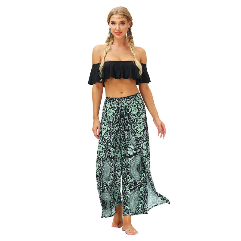 Split Wide Leg Boho Palazzo Pants Mint Green Black Festival Lifestyle New Pants Yoga