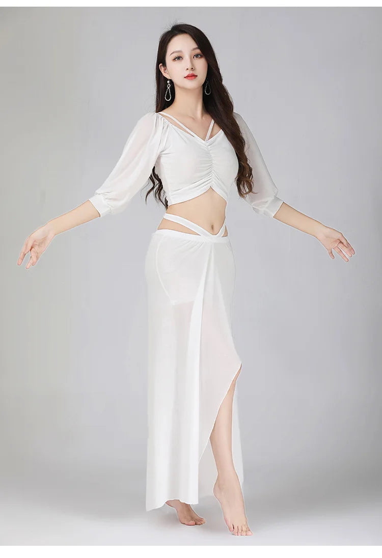 Romantic Feminine Sparkle Belly Dance Costume Set White Belly Dancing Raqs Troupe Costume