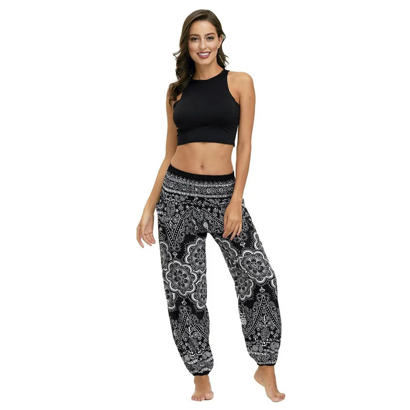 Boho High-Waist Yoga Harem Pants Black White Floral One Size Activewear Festival Pants Yoga