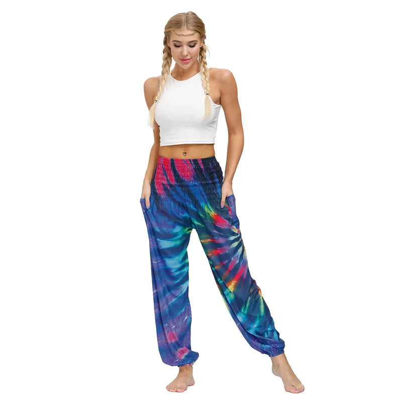 Boho High-Waist Yoga Harem Pants Blue Multi Tie-Dye One Size Activewear Festival Pants Yoga