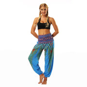 Boho High-Waist Yoga Harem Pants Aqua Green Feather One Size Activewear Festival Pants Yoga