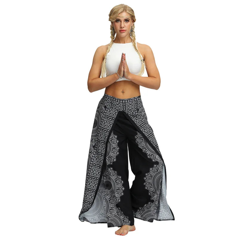 Split Wide Leg Boho Palazzo Pants Black & White Mandala Festival Lifestyle New Pants Yoga