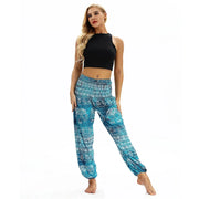 Boho High-Waist Yoga Harem Pants Cyan Elephant One Size Activewear Festival Pants Yoga