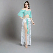 Lantern Sleeve Stretch Dance Classwear/Performance Skirt and Top Set Aqua Costume Set Raqs Troupe Costume