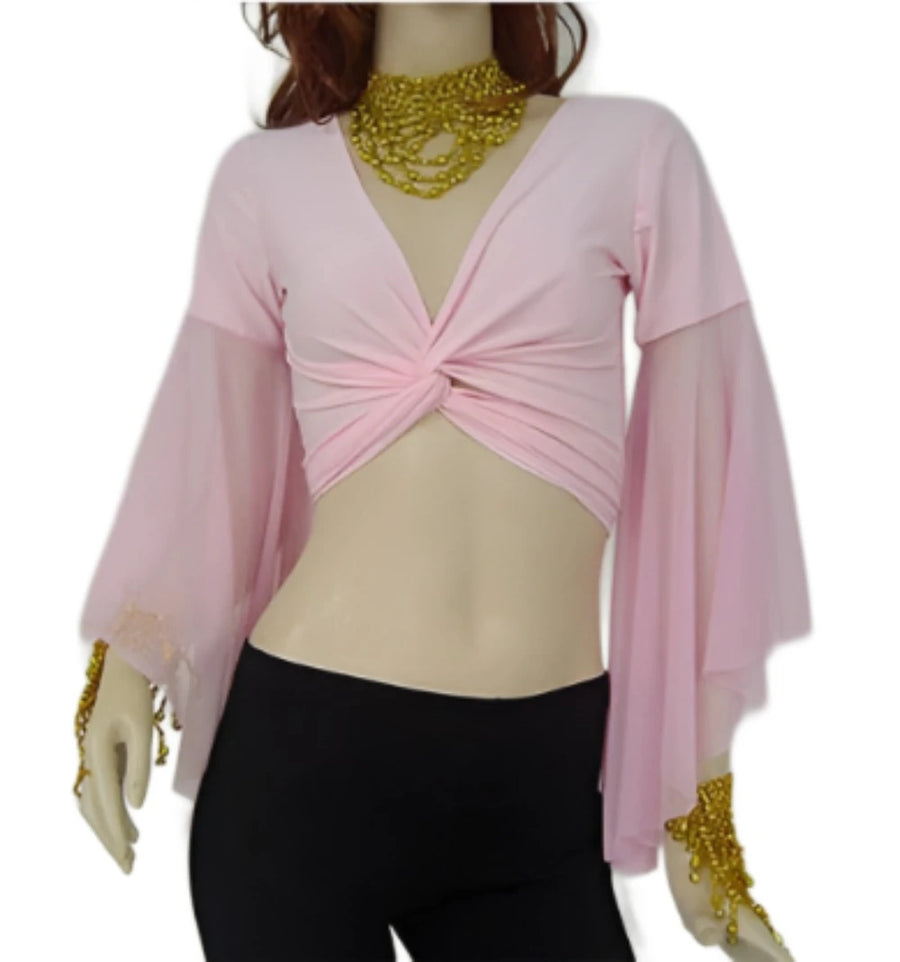 Bolero Wrap Dance Practice Top with Mesh Sleeves Pink One size Raqs Tops