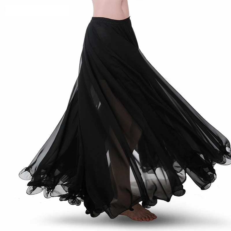 Professional Chiffon Full Wired-Edge Belly Dance Skirt Black One Size Raqs Skirt