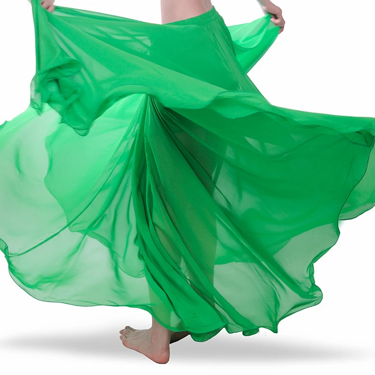 Professional Chiffon Full Wired-Edge Belly Dance Skirt Green One Size Raqs Skirt