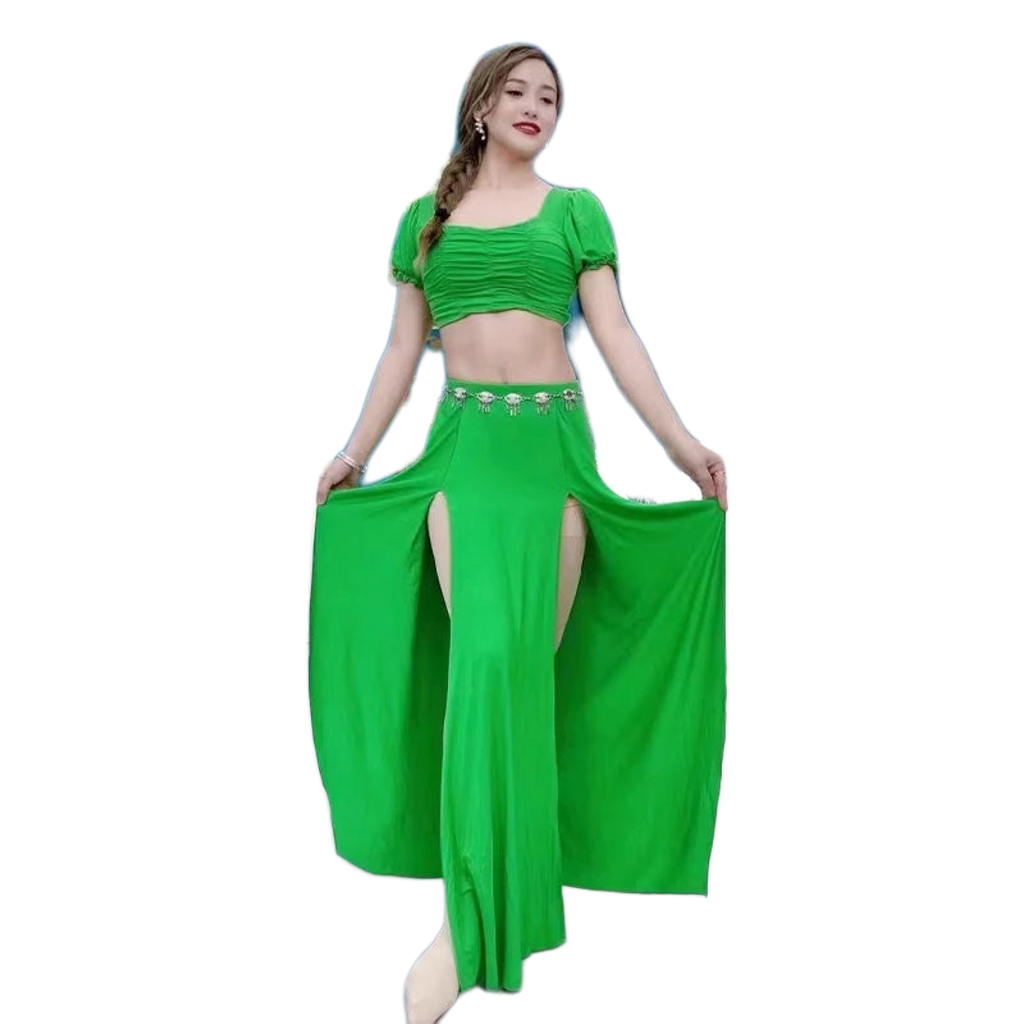 Simple Stretchy Costume Set Green Plus-sizes Available Raqs Troupe Costume