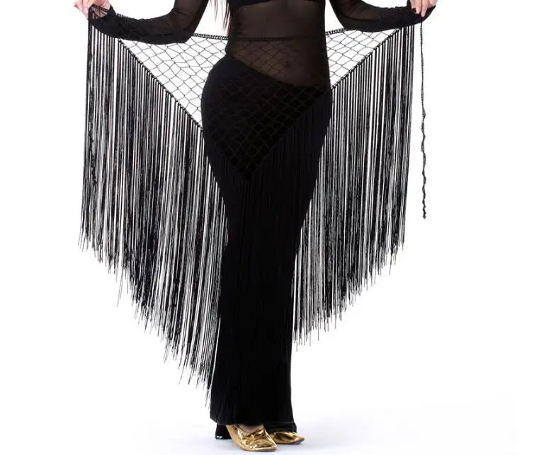 Long Tasseled Hip Scarf V-Shaped Solid Colors Black Belly Dance Belly Dancing Hip Scarf Raqs