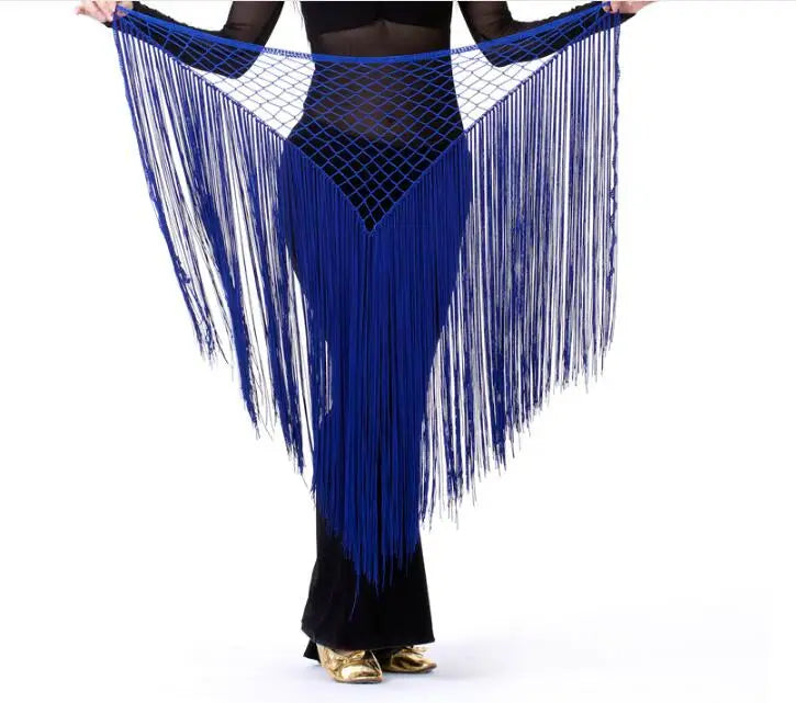 Long Tasseled Hip Scarf V-Shaped Solid Colors Royal Blue Belly Dance Belly Dancing Hip Scarf Raqs