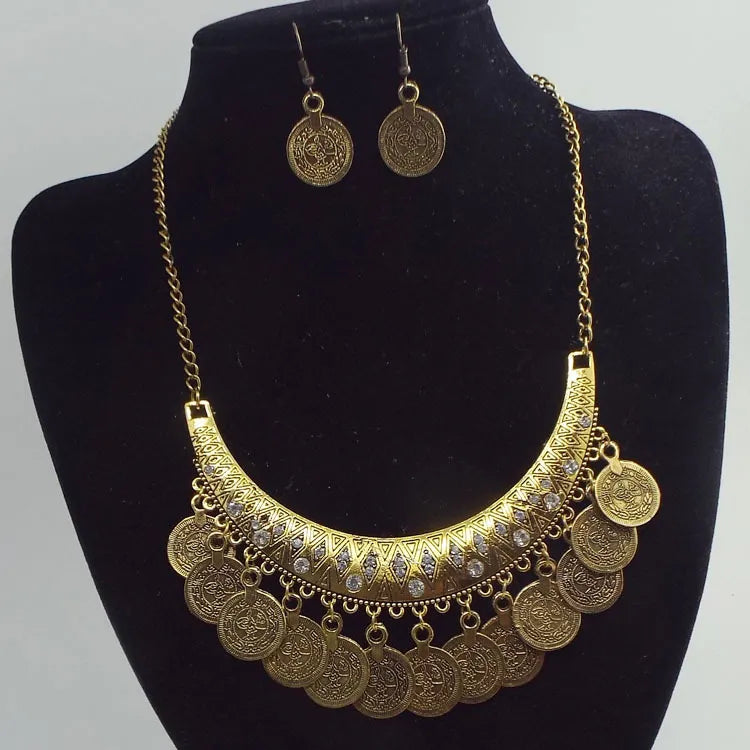 Coin Necklace and Earring Set Gold Tones Jewelry Raqs