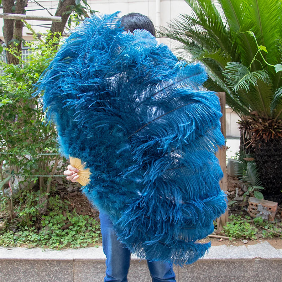 Large (130cm/29") Pair Ostrich Feather Burlesque Fans 13 Staves Navy Blue 130cm -29" - One R L Pair Burlesque Dance Props Fans Raqs