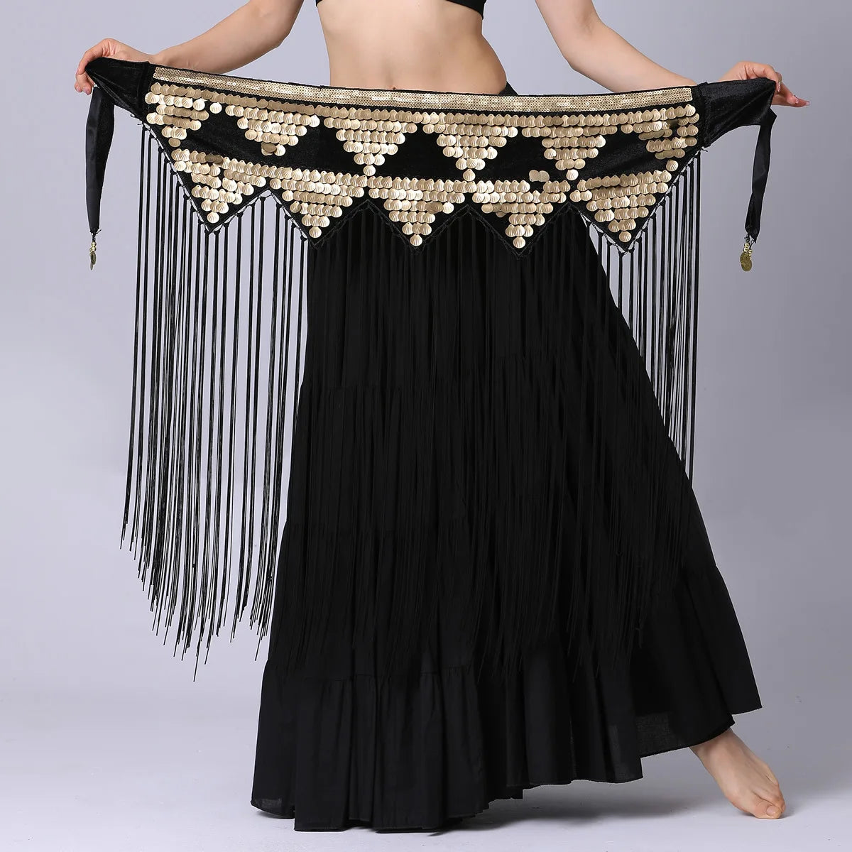 Tribal Long Fringe/Sequin Hip Scarf black Hip Scarf Raqs Tribal