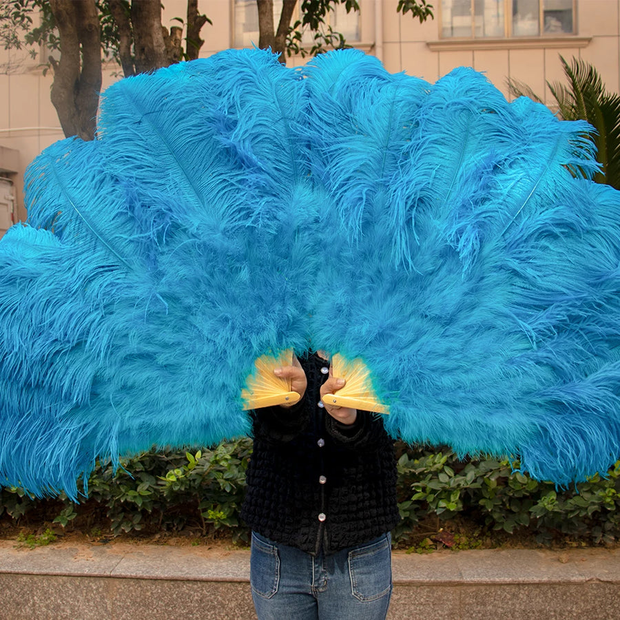 Large (130cm/29") Pair Ostrich Feather Burlesque Fans 13 Staves Lake Blue 130cm -29" - One R L Pair Burlesque Dance Props Fans Raqs