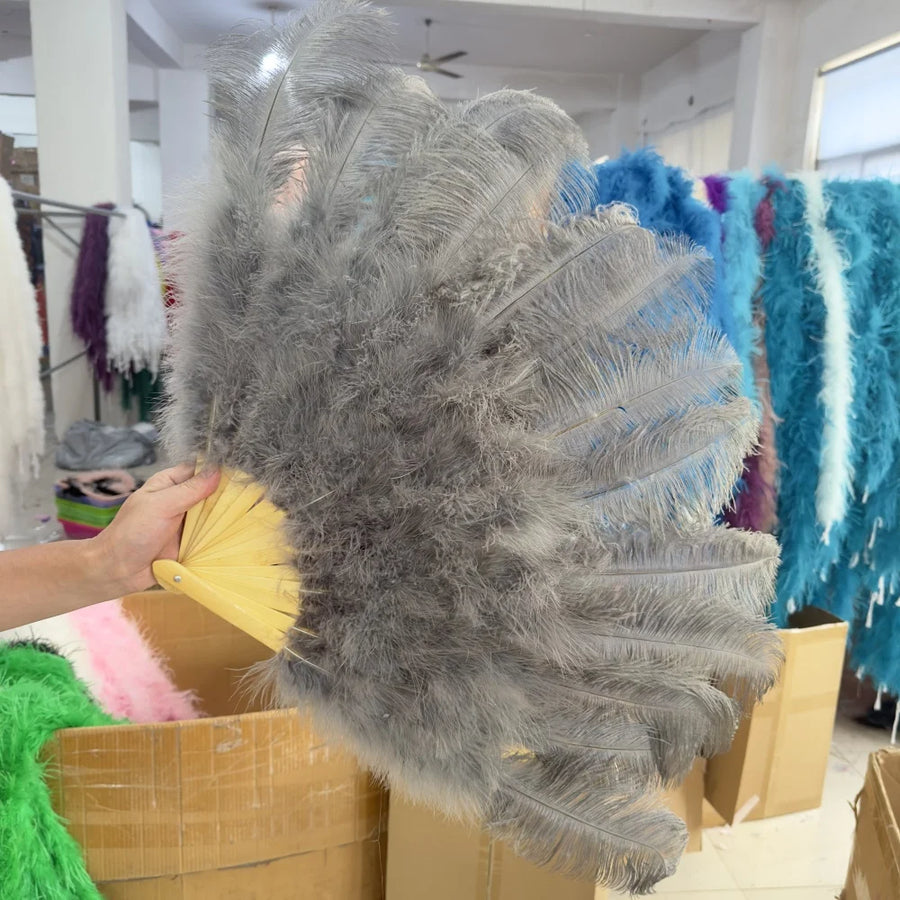 Large (130cm/29") Pair Ostrich Feather Burlesque Fans 13 Staves Burlesque Dance Props Fans Raqs