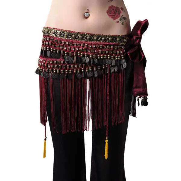 Tribal Fringe and Coin Belt Hip Scarf Dark Red Hip Scarf Raqs Tribal