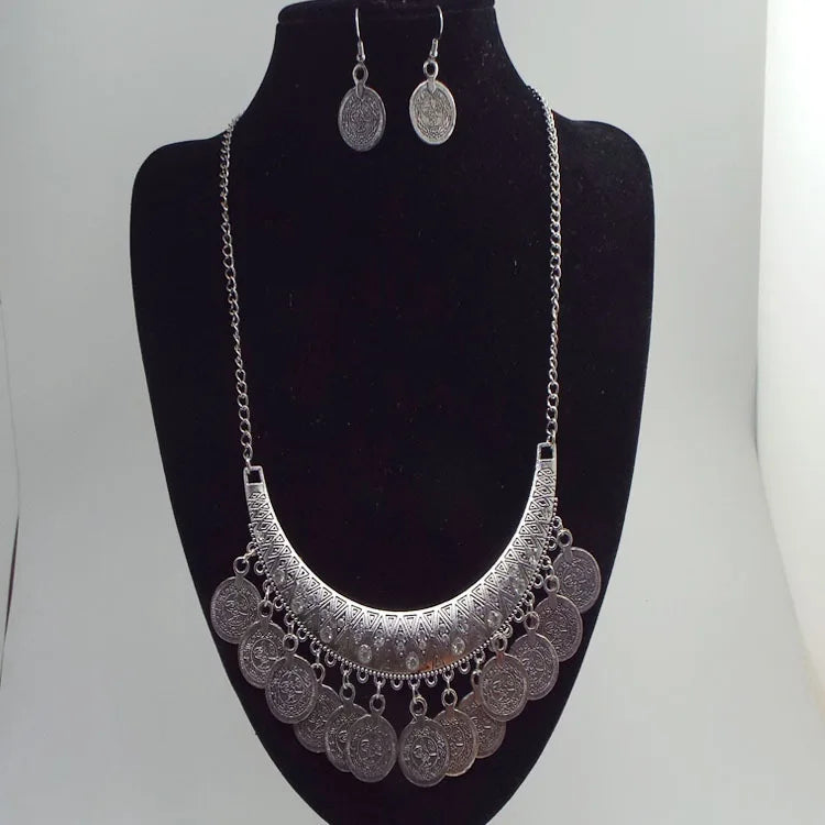 Coin Necklace and Earring Set Silver Tones Jewelry Raqs