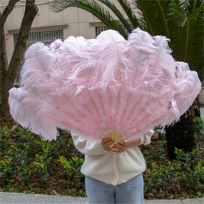 Large (130cm/29") Pair Ostrich Feather Burlesque Fans 13 Staves Light Pink 130cm -29" - One R L Pair Burlesque Dance Props Fans Raqs