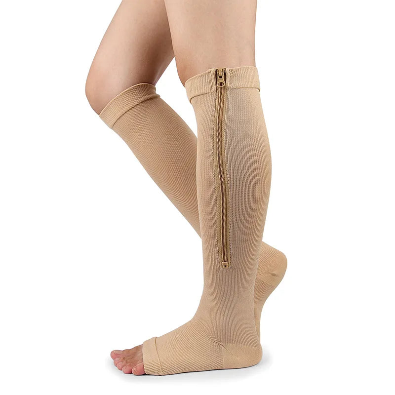 Open-Toe Zip-up Knee-High Medium Compression Socks Tan Cute Lifestyle New Socks