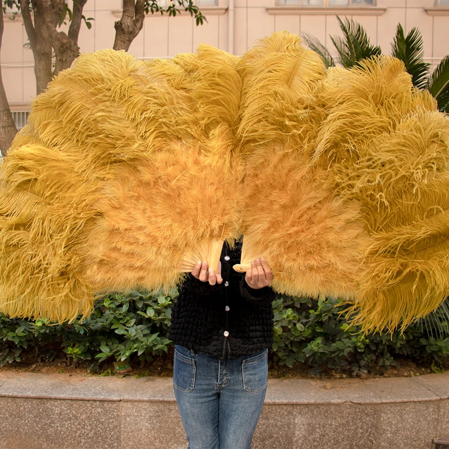 Large (130cm/29") Pair Ostrich Feather Burlesque Fans 13 Staves Light Olive Green 130cm -29" - One R L Pair Burlesque Dance Props Fans Raqs