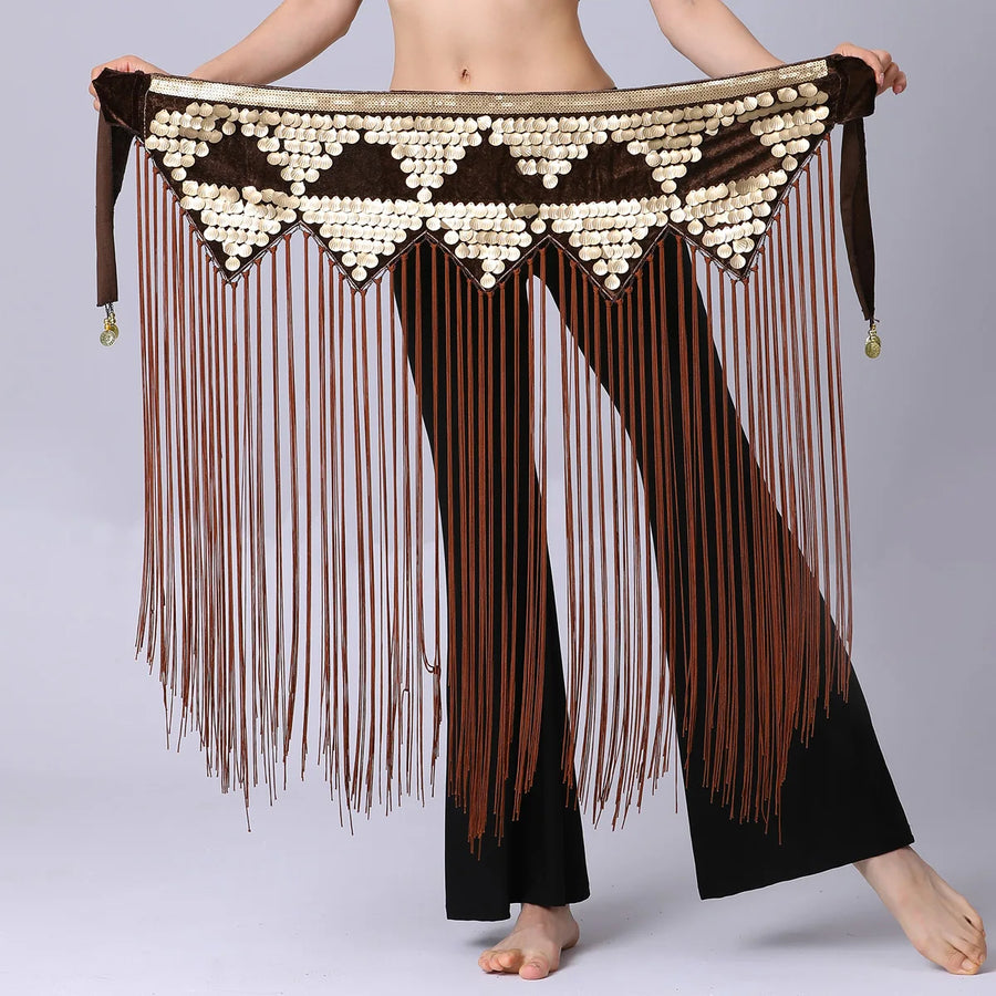 Tribal Long Fringe/Sequin Hip Scarf Coffee Hip Scarf Raqs Tribal